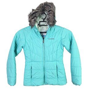 Womens Columbia Turquoise Puffer Full Zip Jacket Detachable Faux Fur Hood L